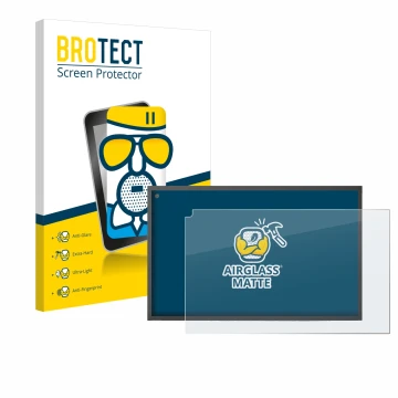 Face avant d’un emballage produit avec le logo de la marque BROTECT. À côté, l’appareil Amazon Echo Show 15 est représenté ave