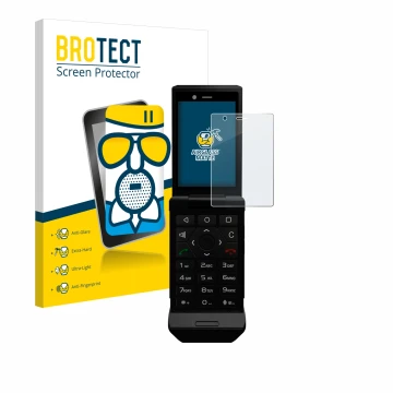 Face avant d’un emballage produit avec le logo de la marque BROTECT. À côté, l’appareil Caterpillar Cat S22 Flip est représent