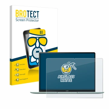 Face avant d’un emballage produit avec le logo de la marque BROTECT. À côté, l’appareil Huawei MateBook 14s est représenté ave