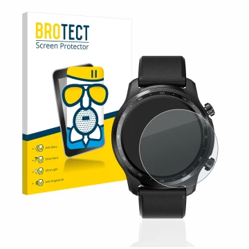 Face avant d’un emballage produit avec le logo de la marque BROTECT. À côté, l’appareil Mobvoi Ticwatch Pro 3 Ultra GPS est re