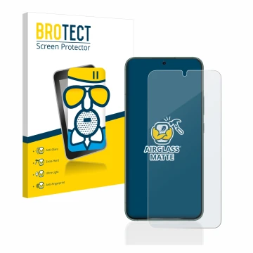 Face avant d’un emballage produit avec le logo de la marque BROTECT. À côté, l’appareil Samsung Galaxy S22 Plus 5G est représe