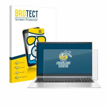 Face avant d’un emballage produit avec le logo de la marque BROTECT. À côté, l’appareil HP EliteBook 850 G7 est représenté ave