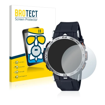 Face avant d’un emballage produit avec le logo de la marque BROTECT. À côté, l’appareil Casio Pro Trek PRW-30-1AER est représe