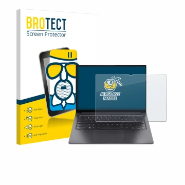 Face avant d’un emballage produit avec le logo de la marque BROTECT. À côté, l’appareil Lenovo Yoga Slim 7 Pro 14