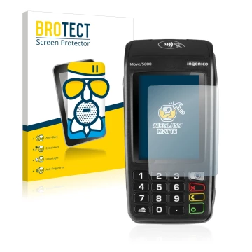 Face avant d’un emballage produit avec le logo de la marque BROTECT. À côté, l’appareil ingenico Move 5000 est représenté avec