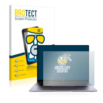 Face avant d’un emballage produit avec le logo de la marque BROTECT. À côté, l’appareil Huawei MateBook 16 est représenté avec