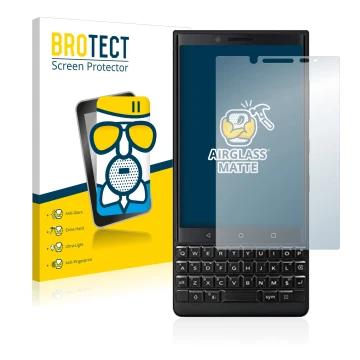 Face avant d’un emballage produit avec le logo de la marque BROTECT. À côté, l’appareil BlackBerry Key2 (Dual Sim) est représe