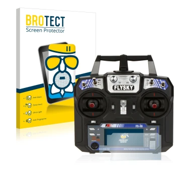 Face avant d’un emballage produit avec le logo de la marque BROTECT. À côté, l’appareil FlySky FS-i6 est représenté avec la pr