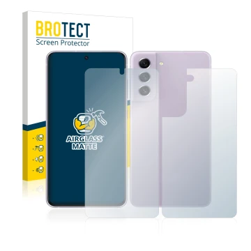 Face avant d’un emballage produit avec le logo de la marque BROTECT. À côté, l’appareil Samsung Galaxy S21 FE 5G (Avant+Arrièr