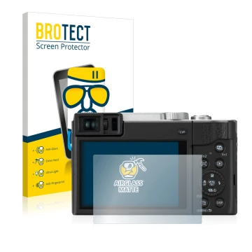 Face avant d’un emballage produit avec le logo de la marque BROTECT. À côté, l’appareil Panasonic Lumix DC-TZ95 est représenté