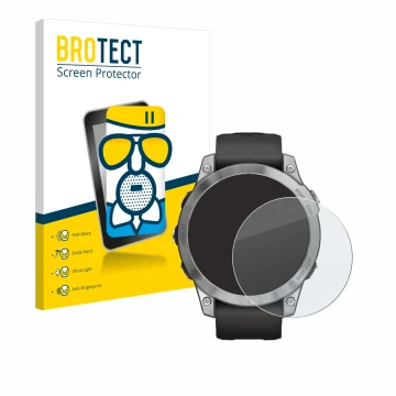 Face avant d’un emballage produit avec le logo de la marque BROTECT. À côté, l’appareil Garmin Fenix 7 (47 mm) est représenté 