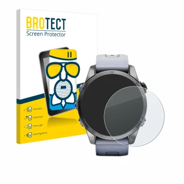 Face avant d’un emballage produit avec le logo de la marque BROTECT. À côté, l’appareil Garmin Fenix 7S (42 mm) est représenté