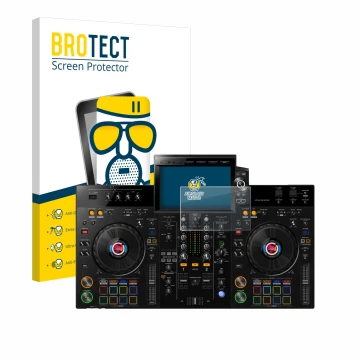 Face avant d’un emballage produit avec le logo de la marque BROTECT. À côté, l’appareil Pioneer XDJ-RX3 est représenté avec la