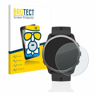 Face avant d’un emballage produit avec le logo de la marque BROTECT. À côté, l’appareil Suunto 5 Peak est représenté avec la p