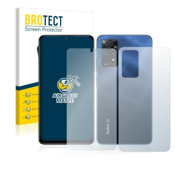 Face avant d’un emballage produit avec le logo de la marque BROTECT. À côté, l’appareil Xiaomi Redmi Note 11 Pro 5G (Avant+Arr