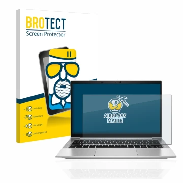Face avant d’un emballage produit avec le logo de la marque BROTECT. À côté, l’appareil HP EliteBook 830 G8 est représenté ave