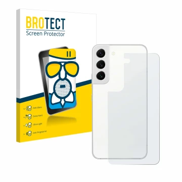 Face avant d’un emballage produit avec le logo de la marque BROTECT. À côté, l’appareil Samsung Galaxy S22 5G (Arrière) est re