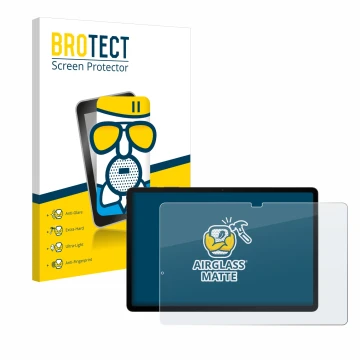 Face avant d’un emballage produit avec le logo de la marque BROTECT. À côté, l’appareil Samsung Galaxy Tab S8 Plus 5G est repr