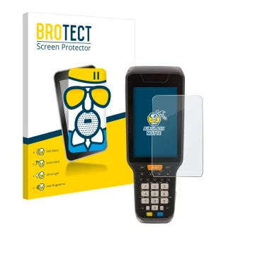 Face avant d’un emballage produit avec le logo de la marque BROTECT. À côté, l’appareil Datalogic Skorpio X5 est représenté av