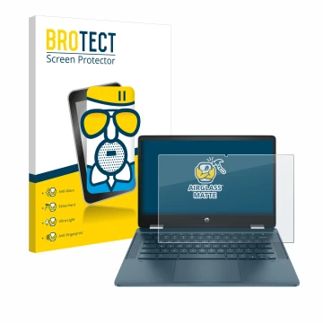 Face avant d’un emballage produit avec le logo de la marque BROTECT. À côté, l’appareil HP Chromebook x360 (14b-cbX) est repré