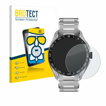 Face avant d’un emballage produit avec le logo de la marque BROTECT. À côté, l’appareil TAG Heuer Connected Calibre E4 (45 mm)