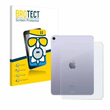 Face avant d’un emballage produit avec le logo de la marque BROTECT. À côté, l’appareil Apple iPad Air 5 WiFi 2022 (Arrière, 5