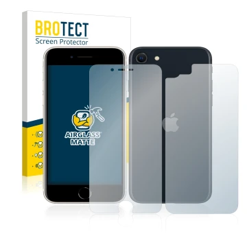 Face avant d’un emballage produit avec le logo de la marque BROTECT. À côté, l’appareil Apple iPhone SE 3 2022 (Avant+Arrière)