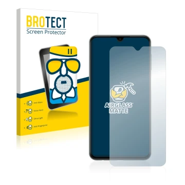 Face avant d’un emballage produit avec le logo de la marque BROTECT. À côté, l’appareil Samsung Galaxy M33 est représenté avec