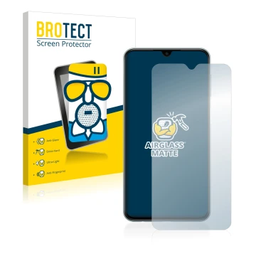 Face avant d’un emballage produit avec le logo de la marque BROTECT. À côté, l’appareil Samsung Galaxy M23 est représenté avec