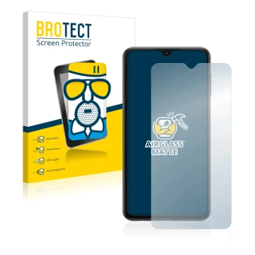 Face avant d’un emballage produit avec le logo de la marque BROTECT. À côté, l’appareil Samsung Galaxy A23 est représenté avec