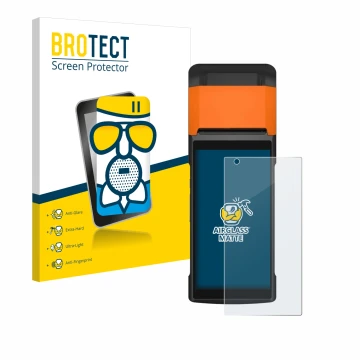 Face avant d’un emballage produit avec le logo de la marque BROTECT. À côté, l’appareil Sunmi V2s est représenté avec la prote
