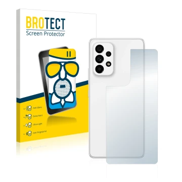 Face avant d’un emballage produit avec le logo de la marque BROTECT. À côté, l’appareil Samsung Galaxy A53 5G (Arrière) est re