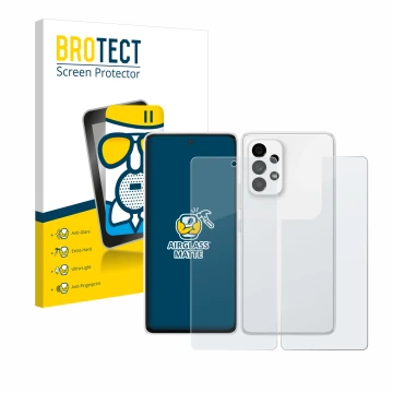 Face avant d’un emballage produit avec le logo de la marque BROTECT. À côté, l’appareil Samsung Galaxy A53 5G (Avant+Arrière) 