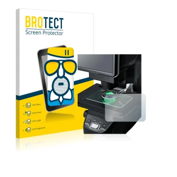 Face avant d’un emballage produit avec le logo de la marque BROTECT. À côté, l’appareil Keyence IM-7030 Dessus en verre est re