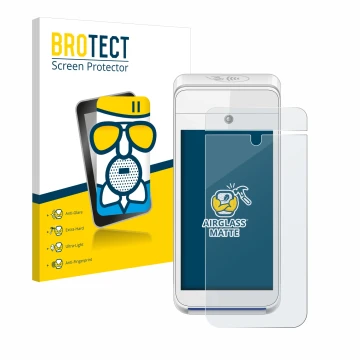 Face avant d’un emballage produit avec le logo de la marque BROTECT. À côté, l’appareil Pax A920 est représenté avec la protec