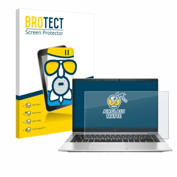 Face avant d’un emballage produit avec le logo de la marque BROTECT. À côté, l’appareil HP EliteBook 845 G7 est représenté ave