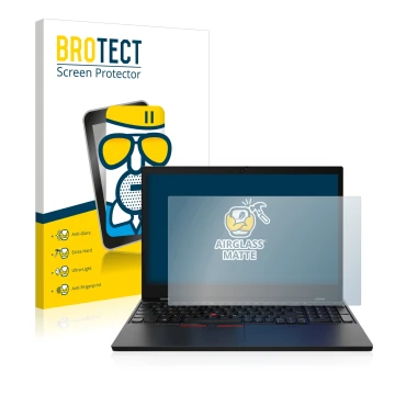 Face avant d’un emballage produit avec le logo de la marque BROTECT. À côté, l’appareil Lenovo ThinkPad L15 Gen 2 est représen