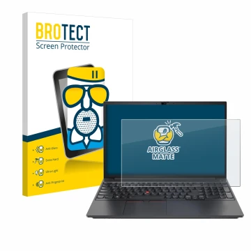 Face avant d’un emballage produit avec le logo de la marque BROTECT. À côté, l’appareil Lenovo ThinkPad E15 Gen 3 est représen