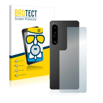 Face avant d’un emballage produit avec le logo de la marque BROTECT. À côté, l’appareil Sony Xperia 1 IV (Arrière) est représe