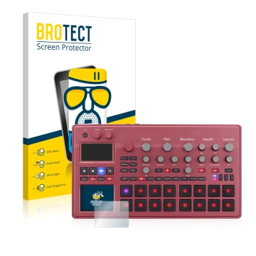 Face avant d’un emballage produit avec le logo de la marque BROTECT. À côté, l’appareil KORG electribe Sampler est représenté 