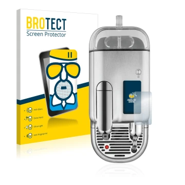 Face avant d’un emballage produit avec le logo de la marque BROTECT. À côté, l’appareil Sage Nespresso Creatista Pro est repré