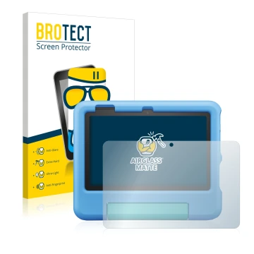 Face avant d’un emballage produit avec le logo de la marque BROTECT. À côté, l’appareil Amazon Fire 7 Kids 2022 est représenté