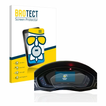 Face avant d’un emballage produit avec le logo de la marque BROTECT. À côté, l’appareil Audi A4 B9 2017 Virtual Cockpit est re