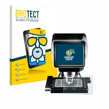 Face avant d’un emballage produit avec le logo de la marque BROTECT. À côté, l’appareil Keyence LM-1100 Dessus en verre est re