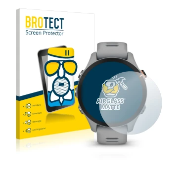 Face avant d’un emballage produit avec le logo de la marque BROTECT. À côté, l’appareil Garmin Forerunner 255S est représenté 