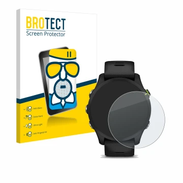 Face avant d’un emballage produit avec le logo de la marque BROTECT. À côté, l’appareil Garmin Forerunner 255 Music est représ