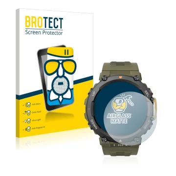 Face avant d’un emballage produit avec le logo de la marque BROTECT. À côté, l’appareil Huami Amazfit T-Rex 2 est représenté a