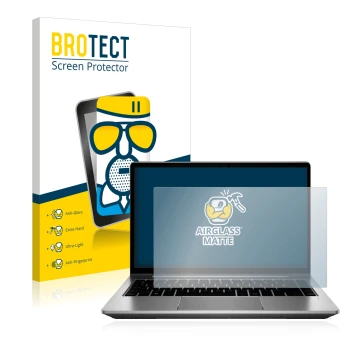 Face avant d’un emballage produit avec le logo de la marque BROTECT. À côté, l’appareil HP ProBook 640 G8 est représenté avec 