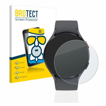 Face avant d’un emballage produit avec le logo de la marque BROTECT. À côté, l’appareil Samsung Galaxy Watch 5 (44mm) est repr