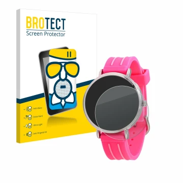 Face avant d’un emballage produit avec le logo de la marque BROTECT. À côté, l’appareil Kiddus Children's Learning Watch est r